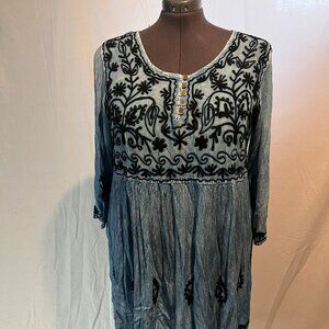 Blue Embroidered Baby Doll Dress